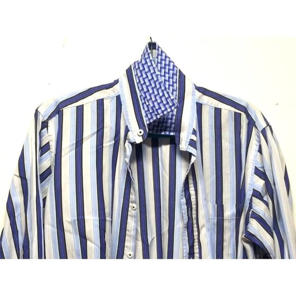BUGATCHI UOMO Shirt Sz M Striped Flip Cuffs geometric print blue white LS Cotton - Picture 5 of 10